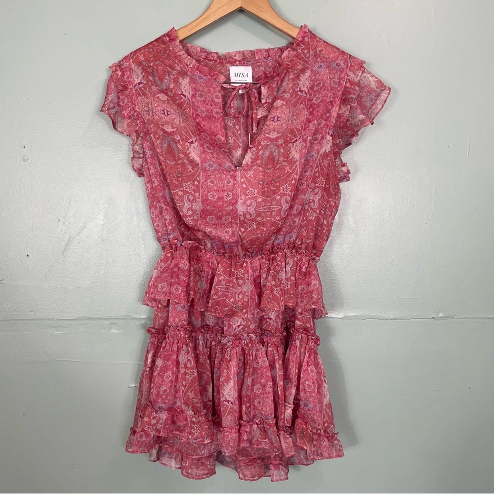 Misa Lilian Dress Mini Ruffle Pink Floral in Washed Rose Size Small NWT - Picture 2 of 9